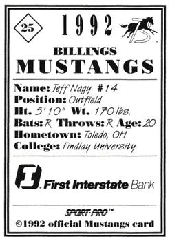 1992 Sport Pro Billings Mustangs #25 Jeff Nagy Back