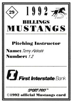 1992 Sport Pro Billings Mustangs #29 Terry Abbott Back