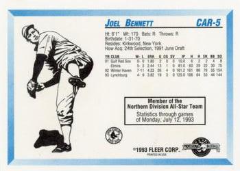 1993 Fleer ProCards Carolina League All-Stars #CAR-5 Joel Bennett Back