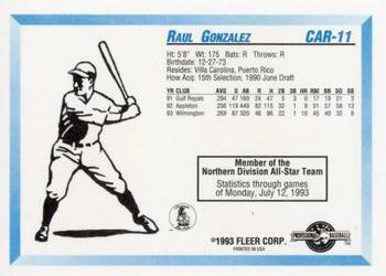 1993 Fleer ProCards Carolina League All-Stars #CAR-11 Raul Gonzalez Back