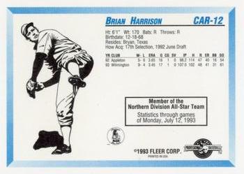 1993 Fleer ProCards Carolina League All-Stars #CAR-12 Brian Harrison Back