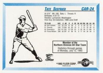1993 Fleer ProCards Carolina League All-Stars #CAR-24 Tate Seefried Back