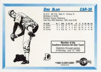1993 Fleer ProCards Carolina League All-Stars #CAR-36 Dirk Blair Back