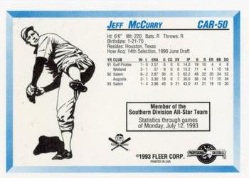 1993 Fleer ProCards Carolina League All-Stars #CAR-50 Jeff McCurry Back