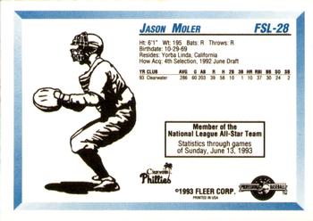 1993 Fleer ProCards Florida State League All-Stars #FSL-28 Jason Moler Back