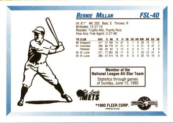 1993 Fleer ProCards Florida State League All-Stars #FSL-40 Bernie Millan Back