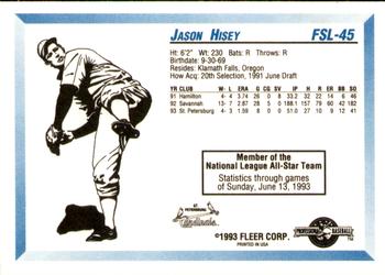 1993 Fleer ProCards Florida State League All-Stars #FSL-45 Jason Hisey Back