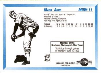 1993 Fleer ProCards Midwest League All-Stars #MDW-11 Mark Acre Back