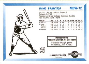 1993 Fleer ProCards Midwest League All-Stars #MDW-12 David Francisco Back