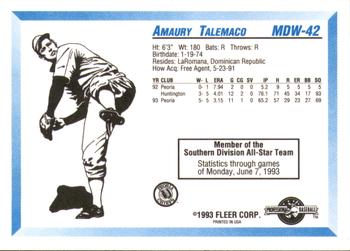 1993 Fleer ProCards Midwest League All-Stars #MDW-42 Amaury Telemaco Back
