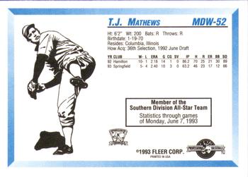 1993 Fleer ProCards Midwest League All-Stars #MDW-52 T.J. Mathews Back