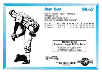 1993 Fleer ProCards South Atlantic League All-Stars #SAL-22 Ryan Karp Back