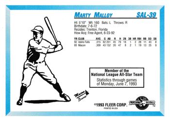 1993 Fleer ProCards South Atlantic League All-Stars #SAL-39 Marty Malloy Back