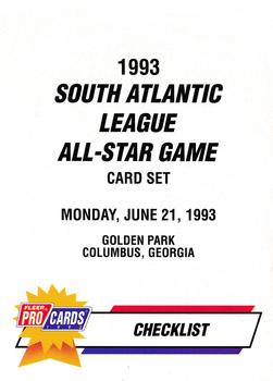 1993 Fleer ProCards South Atlantic League All-Stars #SAL-57 Checklist Front
