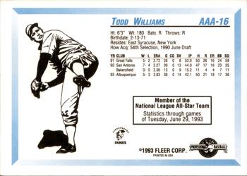 1993 Fleer ProCards Triple A All-Stars #AAA-16 Todd Williams Back