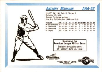 1993 Fleer ProCards Triple A All-Stars #AAA-52 Anthony Manahan Back