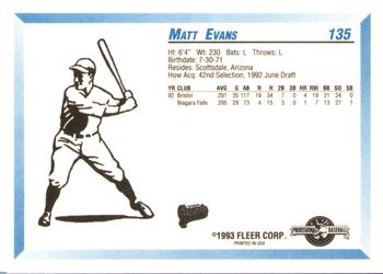 1993 Fleer ProCards #135 Matt Evans Back