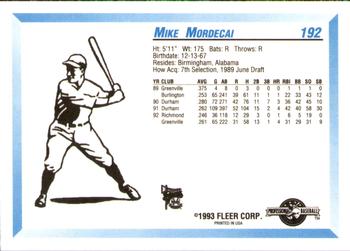 1993 Fleer ProCards #192 Mike Mordecai Back