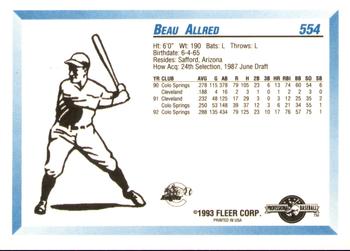 1993 Fleer ProCards #554 Beau Allred Back