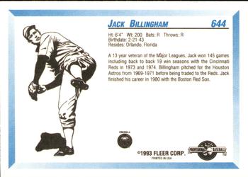 1993 Fleer ProCards #644 Jack Billingham Back