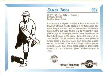 1993 Fleer ProCards #931 Carlos Tosca Back