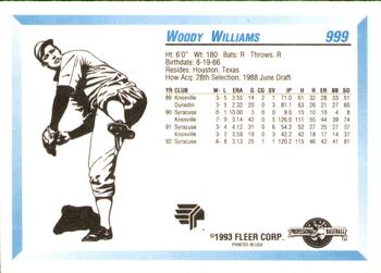 1993 Fleer ProCards #999 Woody Williams Back