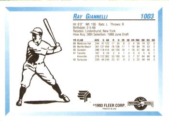 1993 Fleer ProCards #1003 Ray Giannelli Back