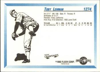 1993 Fleer ProCards #1274 Toby Lehman Back