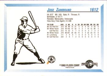 1993 Fleer ProCards #1612 Jose Zambrano Back