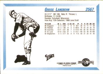 1993 Fleer ProCards #2567 Gregg Langbehn Back