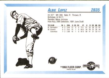 1993 Fleer ProCards #2835 Albie Lopez Back