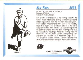 1993 Fleer ProCards #2854 Ken Rowe Back