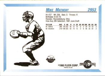 1993 Fleer ProCards #2953 Mike Matheny Back