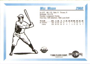 1993 Fleer ProCards #2960 Wes Weger Back