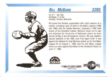 1993 Fleer ProCards #3285 Bill McGuire Back