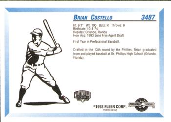 1993 Fleer ProCards #3487 Brian Costello Back