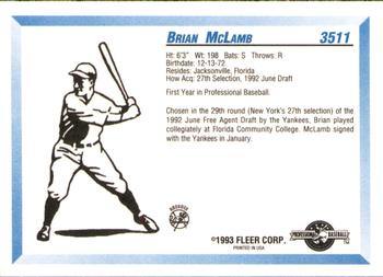 1993 Fleer ProCards #3511 Brian McLamb Back