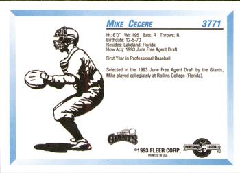 1993 Fleer ProCards #3771 Mike Cecere Back