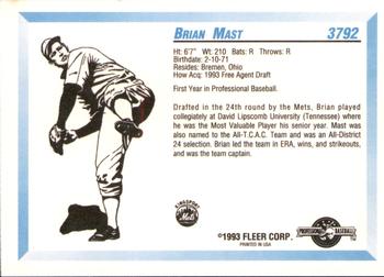 1993 Fleer ProCards #3792 Brian Mast Back