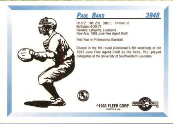 1993 Fleer ProCards #3948 Paul Bako Back