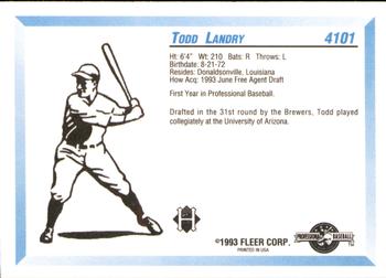 1993 Fleer ProCards #4101 Todd Landry Back