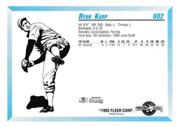 1993 Fleer ProCards #882 Ryan Karp Back