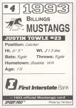 1993 Sport Pro Billings Mustangs #4 Justin Towle Back