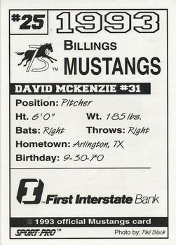 1993 Sport Pro Billings Mustangs #25 David McKenzie Back