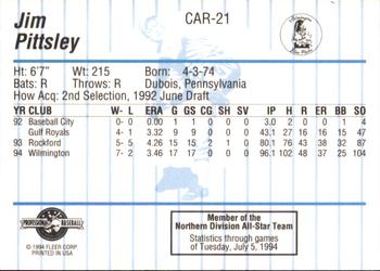 1994 Fleer ProCards Carolina League All-Stars #CAR-21 Jim Pittsley Back