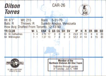 1994 Fleer ProCards Carolina League All-Stars #CAR-26 Dilson Torres Back