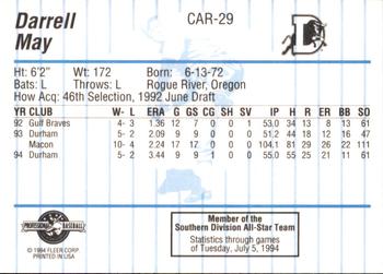 1994 Fleer ProCards Carolina League All-Stars #CAR-29 Darrell May Back