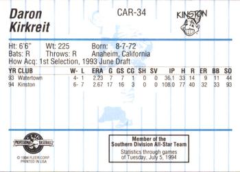 1994 Fleer ProCards Carolina League All-Stars #CAR-34 Daron Kirkreit Back
