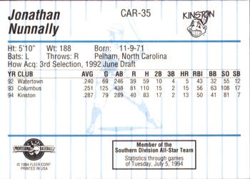 1994 Fleer ProCards Carolina League All-Stars #CAR-35 Jonathan Nunnally Back