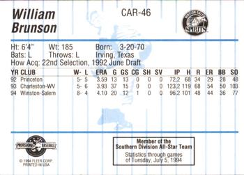 1994 Fleer ProCards Carolina League All-Stars #CAR-46 William Brunson Back